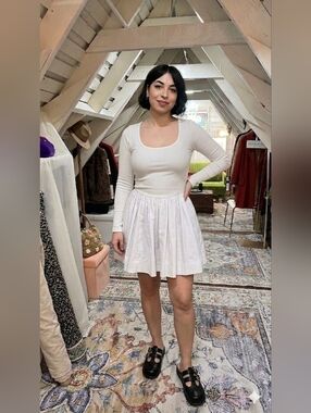 White Y2K Long Sleeve Coquette Full Skirt Preppy Skater Mini Dress